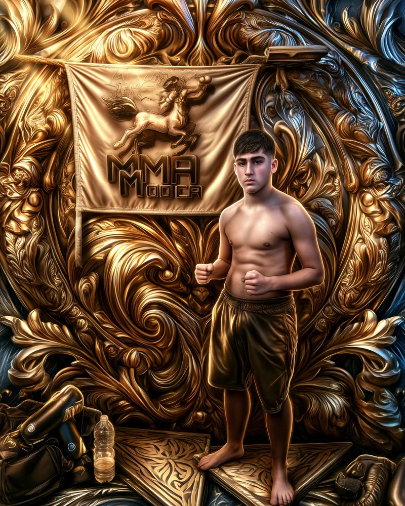 Ritratto di Gerard in guardia davanti allo stendardo MMA Modica, in stile eroico bronzo e oro